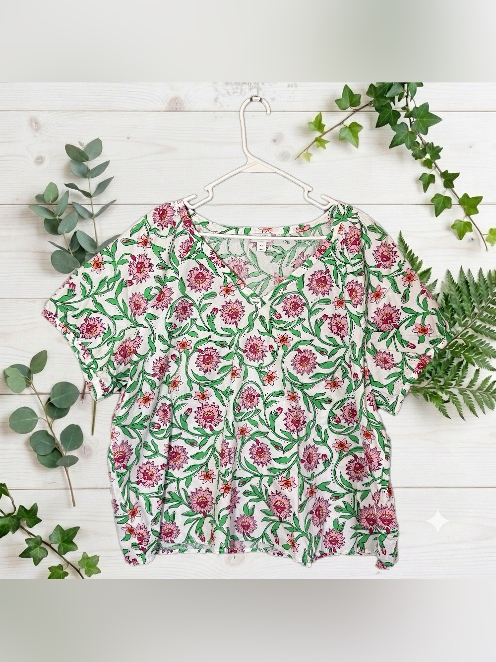 J Crew 2X Floral Top White Pink Green Short Sleeve V Neck Boxy Cotton Casual